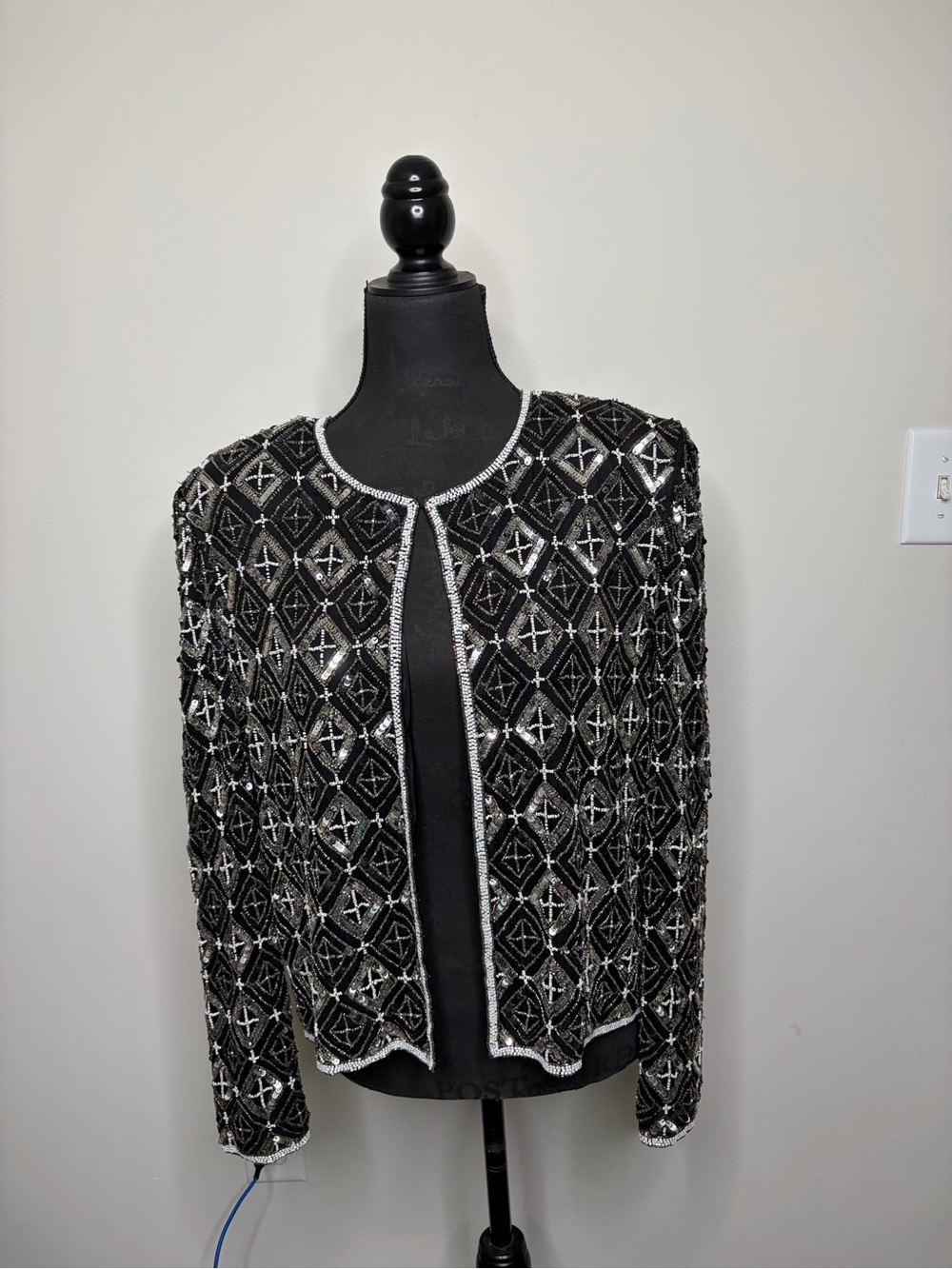 Vintage Embellished Black, white and Silver Beaded sequin Jacket party evening